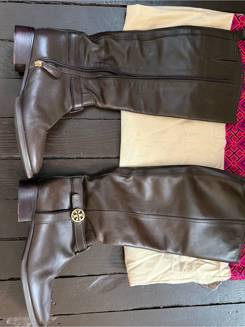 Tory Burch Dark Brown Leather Tall Zip Boots with Logo Medallion